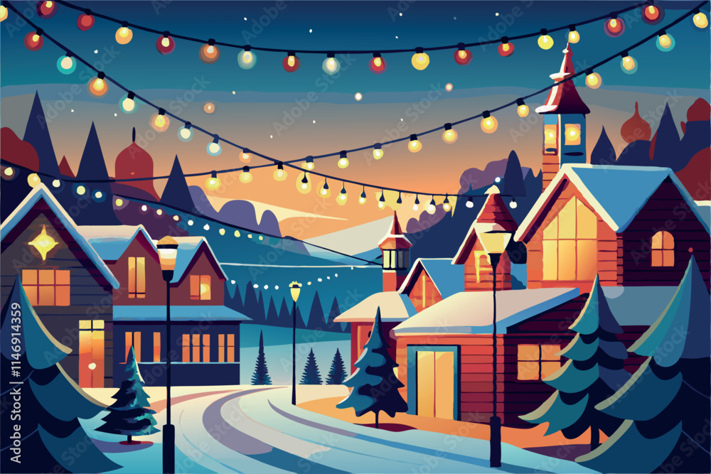 Obraz premium Small city street adorned with Christmas decorations and lights vector flat illustration