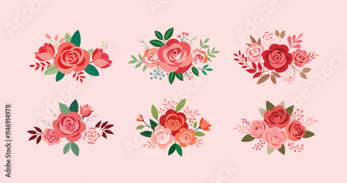 Beautiful romantic flower composition with roses, leaves, and floral bouquets set vectors