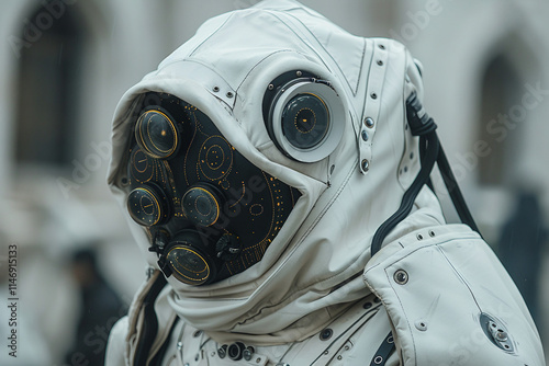 Close up photo of person wear gas mask and protective clothing in industrial environment photo