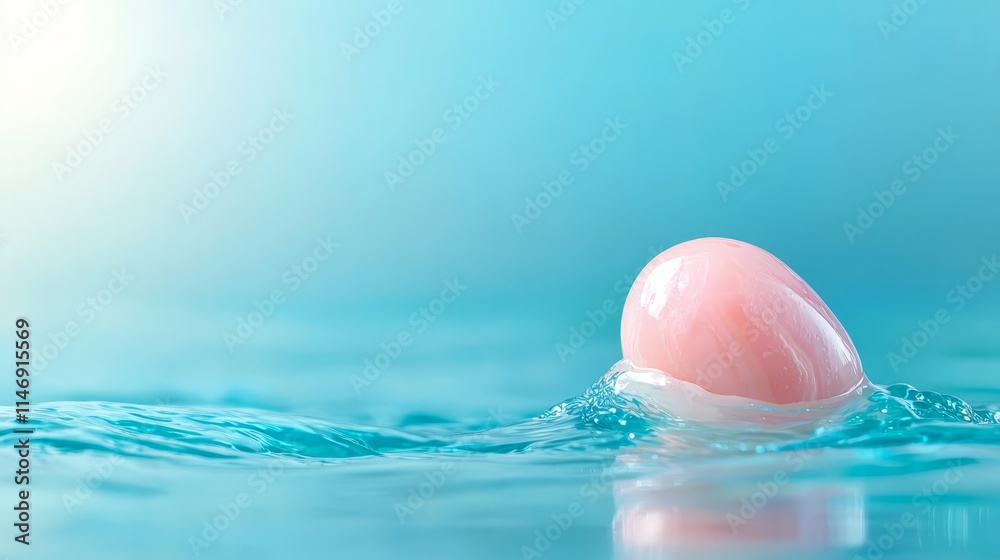 A pink egg floating in the water on a blue background A pink egg floating in the water on a blue background