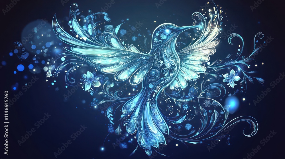 Obraz premium Blue fantasy bird with floral details, glowing, dark background.