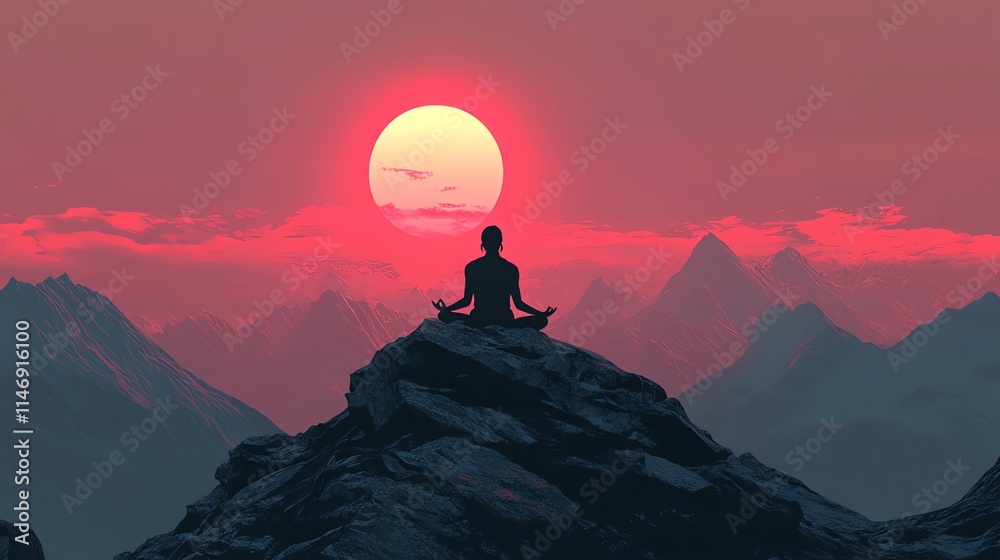 A serene silhouette of a person meditating at sunset in mountains. A serene silhouette of a person meditating at sunset in mountains.