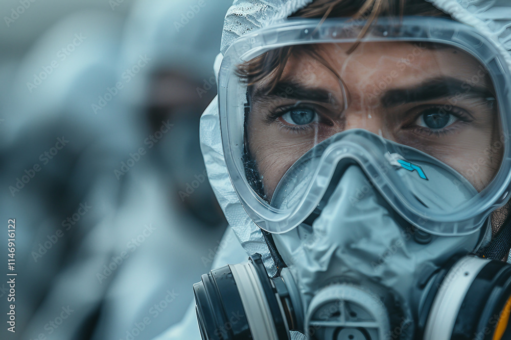 Close up photo of a figure wearing a raincoat and gas mask Close up photo of a figure wearing a raincoat and gas mask
