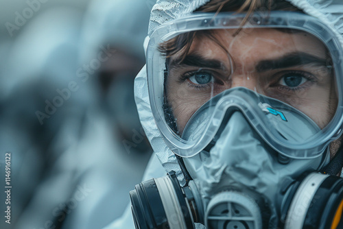 Close up photo of a figure wearing a raincoat and gas mask photo