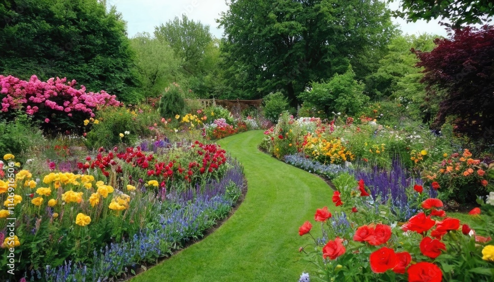 A colorful garden filled with blooming flowers, creating a lively and cheerful atmosphere. A colorful garden filled with blooming flowers, creating a lively and cheerful atmosphere.