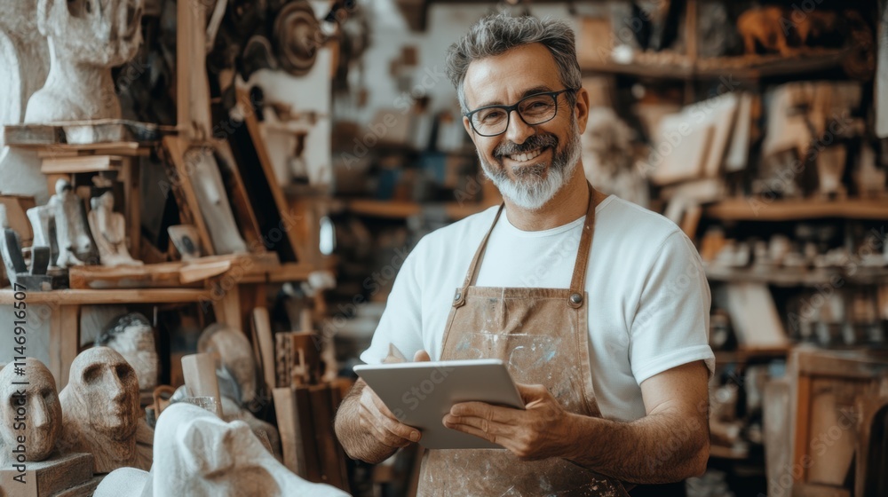 Smiling craft artist in apron in art studio store. Smiling craft artist in apron in art studio store.