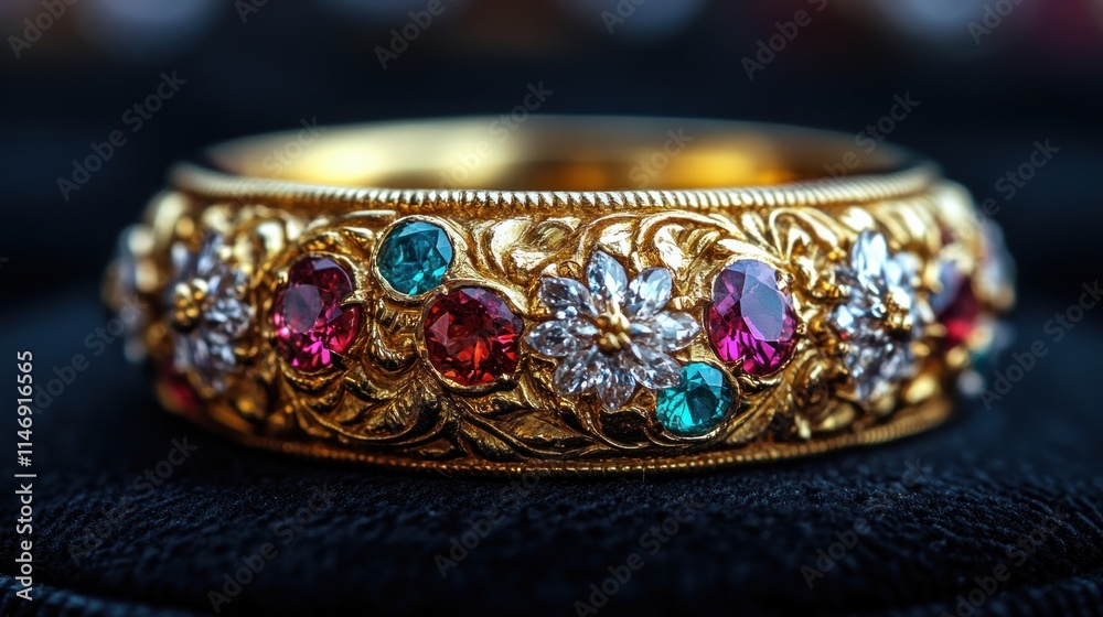Ornate gold ring with rubies, emeralds, and diamonds. Ornate gold ring with rubies, emeralds, and diamonds.