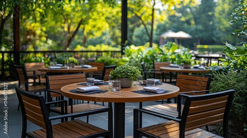 Outdoor patio restaurant tables set for lunch or dinner.