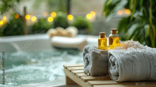 Relaxing Spa Day: Essential Oils and Towels by Hot Tub