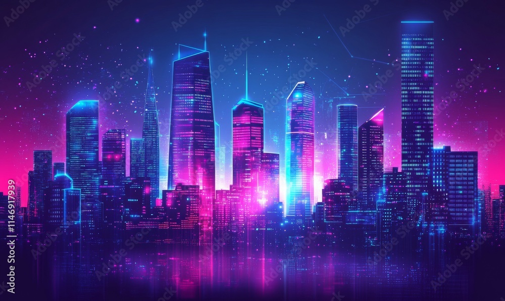 Cyberpunk City Skyline with Blue and Pink Neon lights. Night scene with Visionary Skyscrapers. Cyberpunk City Skyline with Blue and Pink Neon lights. Night scene with Visionary Skyscrapers.