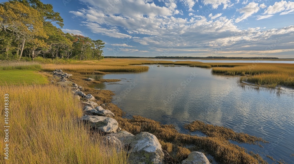 Serene coastal landscape with marsh grass and calm waters under a cloudy sky. Serene coastal landscape with marsh grass and calm waters under a cloudy sky.