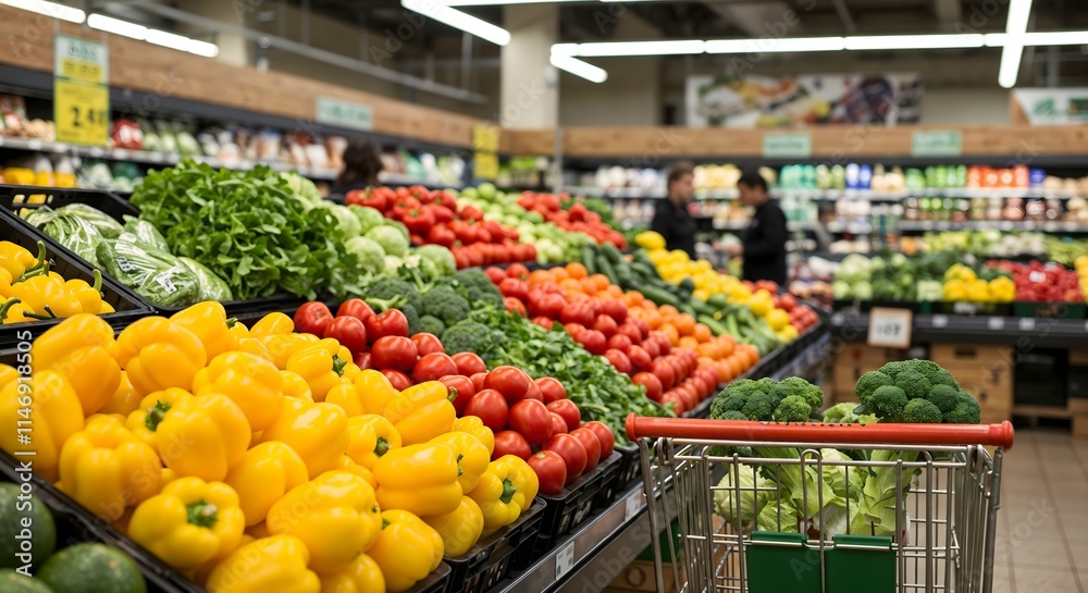 Colorful display of fresh fruits and vegetables on a cold shelf in a bright grocery store. Colorful display of fresh fruits and vegetables on a cold shelf in a bright grocery store.