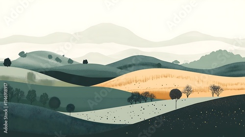 Abstract landscape painting with rolling hills and trees