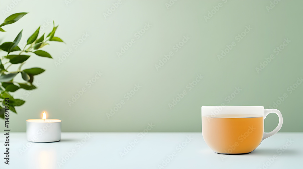 A clean design of a cup of herbal tea with a candle nearby, symbolizing relaxation and self-care. Tea and candle minimalist. A clean design of a cup of herbal tea with a candle nearby, symbolizing relaxation and self-care. Tea and candle minimalist.