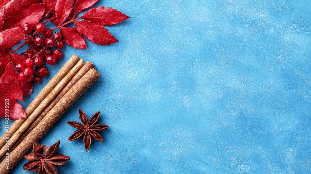 Fototapeta premium A blue background with red leaves, cinnamon sticks, and star anise