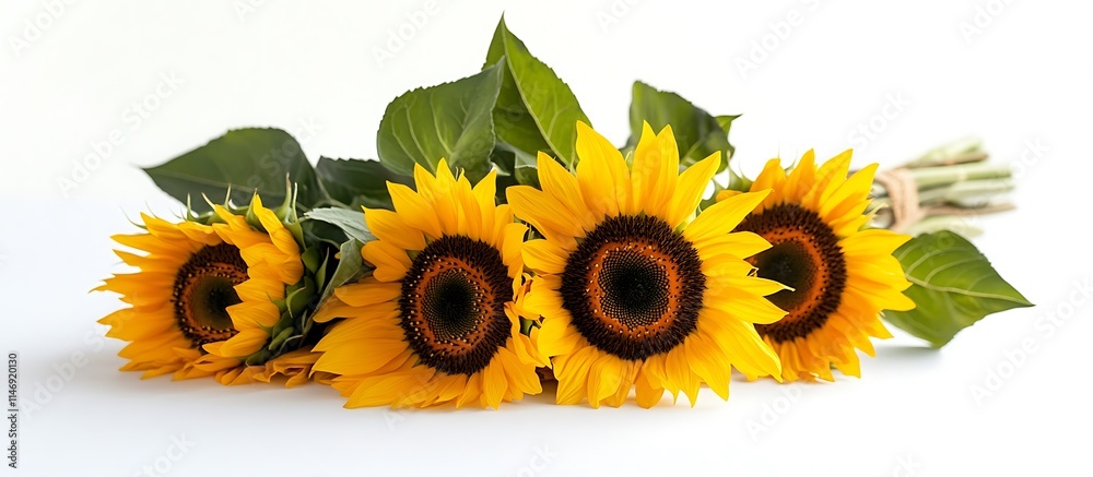 Fototapeta premium Sunflower bouquet on white backdrop, isolated, detailed and vibrant, high-resolution image.