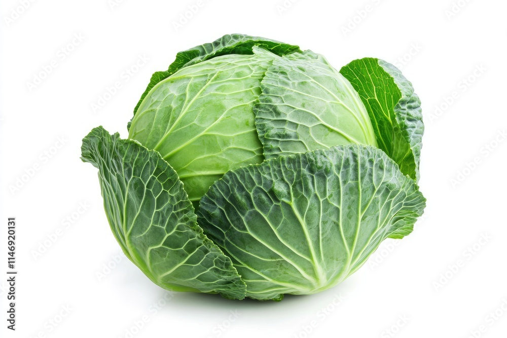A perfectly round green cabbage head, isolated on a white background A perfectly round green cabbage head, isolated on a white background