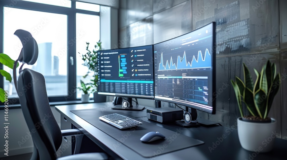 Naklejka premium Modern Workplace Setup with Dual Monitors Displaying Financial Data
