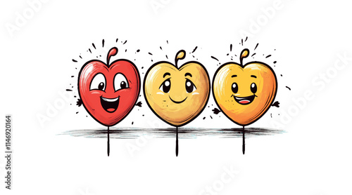 Pack de smiley heureux en forme de coeur, dessin à la main