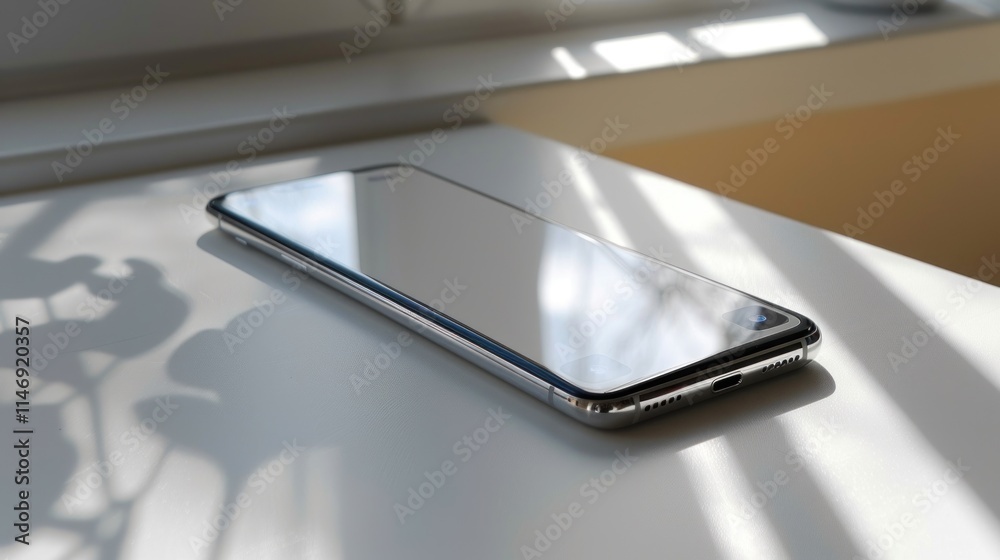 Smartphone on White Surface with Sunlight Reflections Smartphone on White Surface with Sunlight Reflections