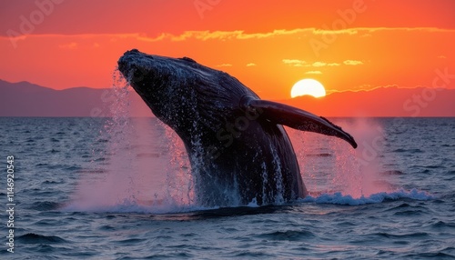 A whale breaches the ocean surface at sunset, creating a dramatic and captivating scene with the sun setting behind mountains, casting a warm glow over the water photo