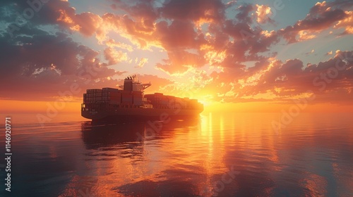 Majestic Cargo Ship at Sunset: A Tranquil Ocean Voyage