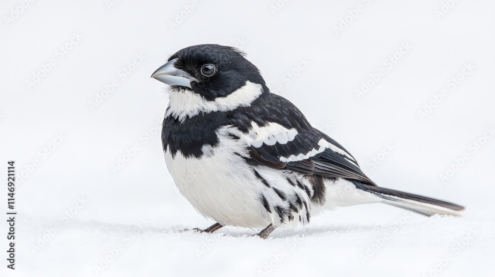 Obraz premium A small black and white seedeater bird stands on a clean blanket of white snow.