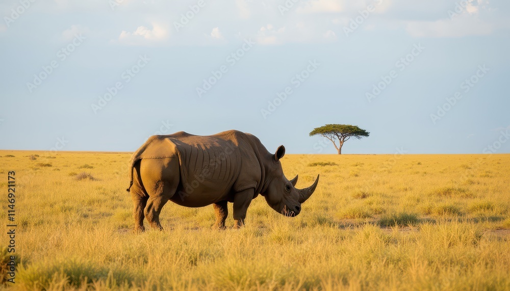 Fototapeta premium A rhinoceros stands in a vast, golden grassland with a single tree in the background under a clear sky, highlighting the beauty and solitude of wildlife in its natural habitat.