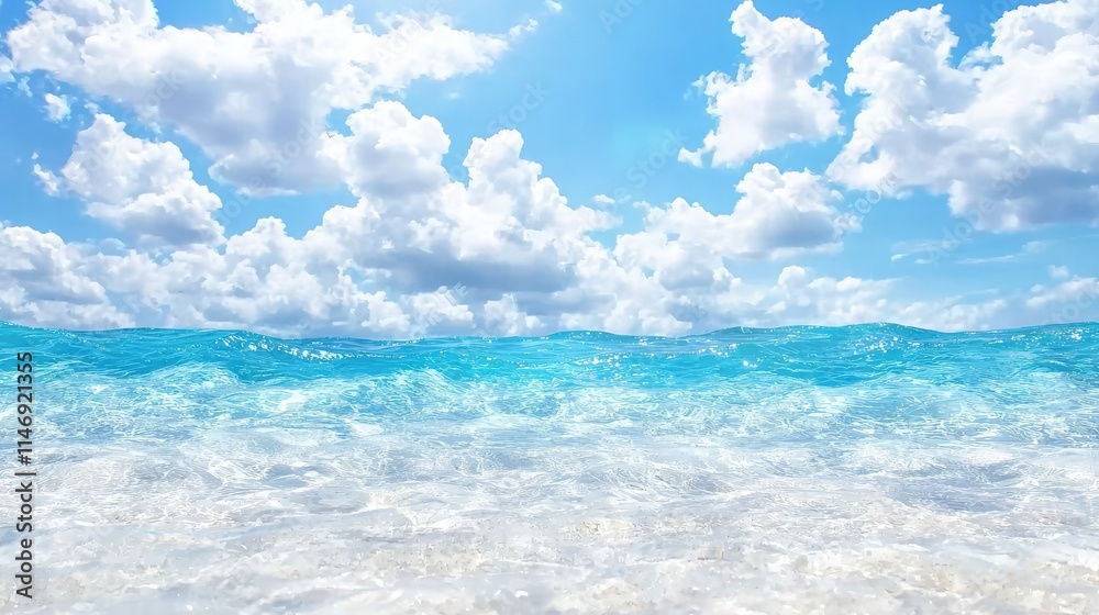 Sunny beach with crystal-clear turquoise water and fluffy clouds. Sunny beach with crystal-clear turquoise water and fluffy clouds.