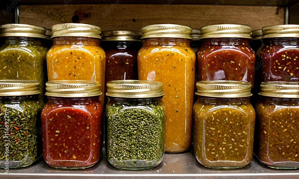A collection of jars filled with pickled vegetables. Carrots, peas, peppers and beans. A collection of jars filled with pickled vegetables. Carrots, peas, peppers and beans.