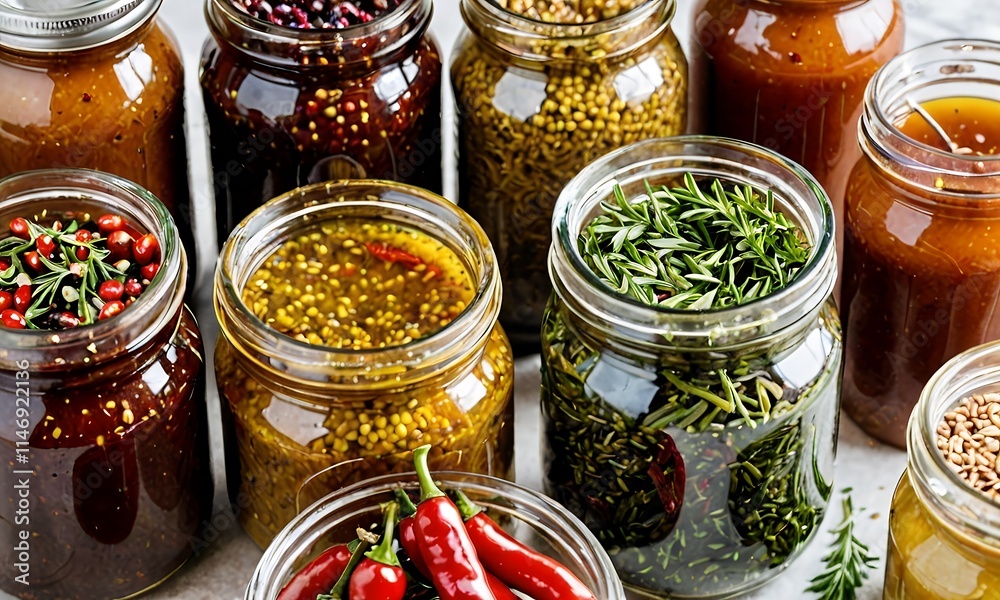 A collection of jars filled with pickled vegetables. Carrots, peas, peppers and beans. A collection of jars filled with pickled vegetables. Carrots, peas, peppers and beans.