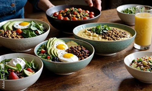 The bowls contain a mixture of grains, vegetables, fruits and eggs. Balanced and nutritious meals.