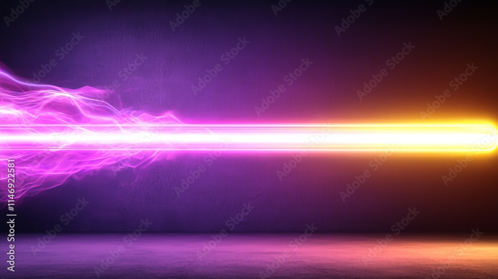 A purple and yellow light saber in a dark room A purple and yellow light saber in a dark room