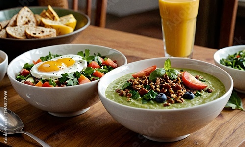 The bowls contain a mixture of grains, vegetables, fruits and eggs. Balanced and nutritious meals.