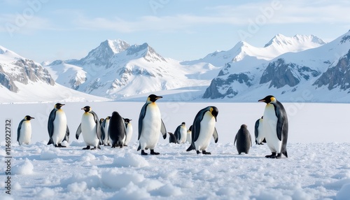 A snowy landscape with a group of emperor penguins standing, set against a backdrop of snow-covered mountains and a clear sky. This serene scene captures their natural habitat