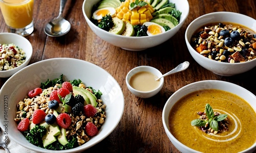 The bowls contain a mixture of grains, vegetables, fruits and eggs. Balanced and nutritious meals.