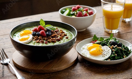 The bowls contain a mixture of grains, vegetables, fruits and eggs. Balanced and nutritious meals.