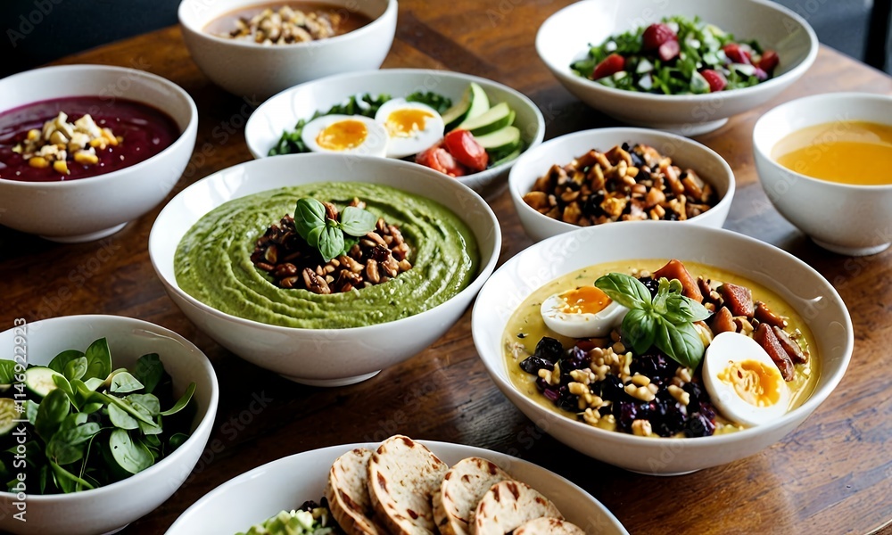 The bowls contain a mixture of grains, vegetables, fruits and eggs. Balanced and nutritious meals. The bowls contain a mixture of grains, vegetables, fruits and eggs. Balanced and nutritious meals.
