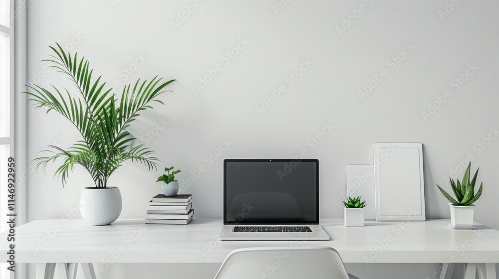 Minimalist Home Office Workspace Setup with Laptop, Plants, and White Frames Minimalist Home Office Workspace Setup with Laptop, Plants, and White Frames