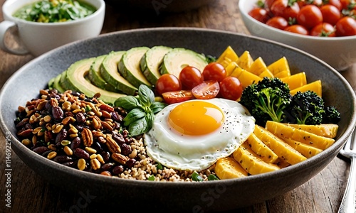 The bowls contain a mixture of grains, vegetables, fruits and eggs. Balanced and nutritious meals.