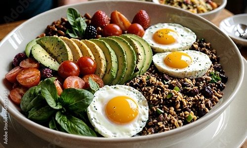 The bowls contain a mixture of grains, vegetables, fruits and eggs. Balanced and nutritious meals.
