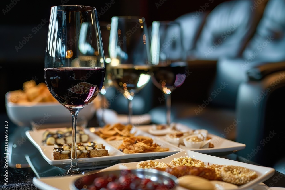 Luxurious movie night with gourmet snacks and wine in a cozy home theater environment featuring comfortable seating and ambient lighting Luxurious movie night with gourmet snacks and wine in a cozy home theater environment featuring comfortable seating and ambient lighting