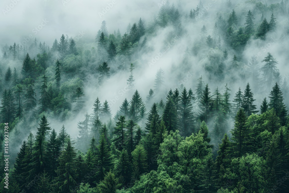 Misty forest landscape with evergreen trees enveloped in fog during early morning hours Misty forest landscape with evergreen trees enveloped in fog during early morning hours