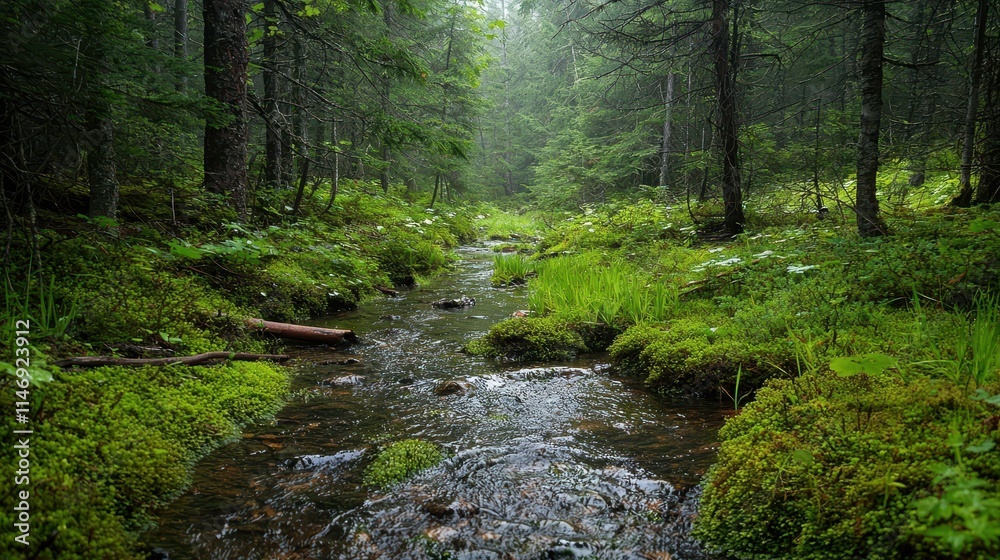 Tranquil Forest Ecosystem with Stream and Lush Greenery Illustrating Natural Transpiration Processes Tranquil Forest Ecosystem with Stream and Lush Greenery Illustrating Natural Transpiration Processes