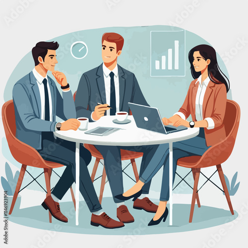 Partners meeting for business discussion with documents and laptop on desk. Couple at round table, speaking, discussing work, partnership. Flat vector illustration isolated on white background