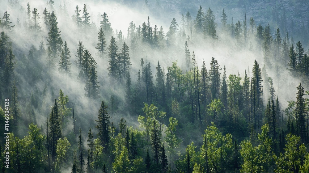 Misty Forest Landscape with Lush Greenery and Vibrant Plants in a Thriving Ecosystem Misty Forest Landscape with Lush Greenery and Vibrant Plants in a Thriving Ecosystem