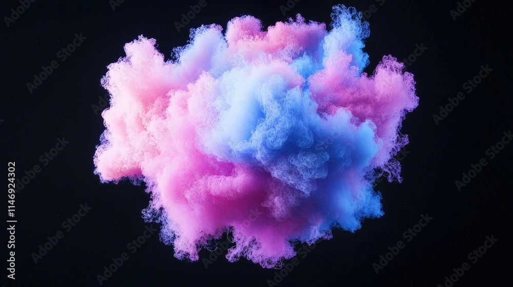 Fototapeta premium Vibrant pink and blue smoke cloud billowing against a solid black background, showcasing abstract fluid dynamics.