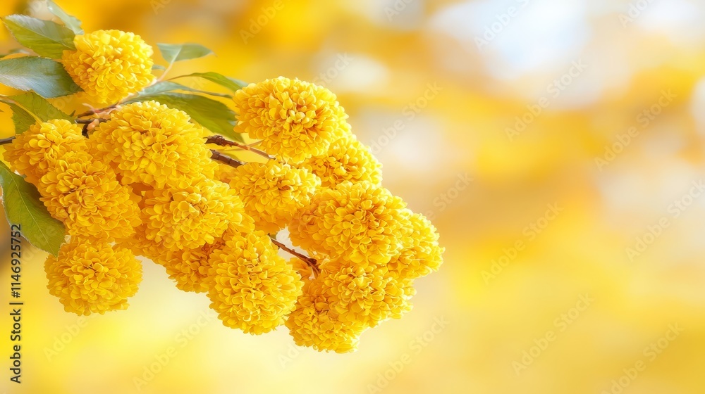 A bunch of yellow flowers on a tree branch A bunch of yellow flowers on a tree branch