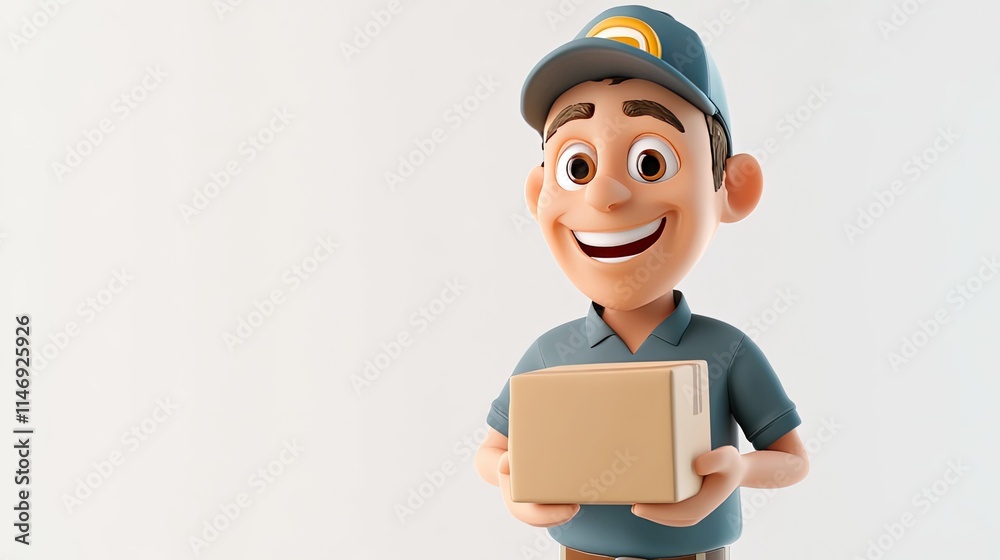 A cute 3D cartoon delivery worker holding a cardboard box. A cute 3D cartoon delivery worker holding a cardboard box.