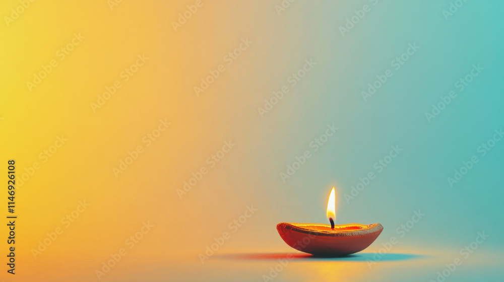 A traditional diya is lit, radiating a warm glow in a tranquil setting. The soft light dances against a gradient background, creating a peaceful atmosphere. A traditional diya is lit, radiating a warm glow in a tranquil setting. The soft light dances against a gradient background, creating a peaceful atmosphere.
